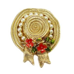 Fashion Ladies Sun Hat Pin Brooch with Pearls and Flowers, Wicker Hat Pin - NEW